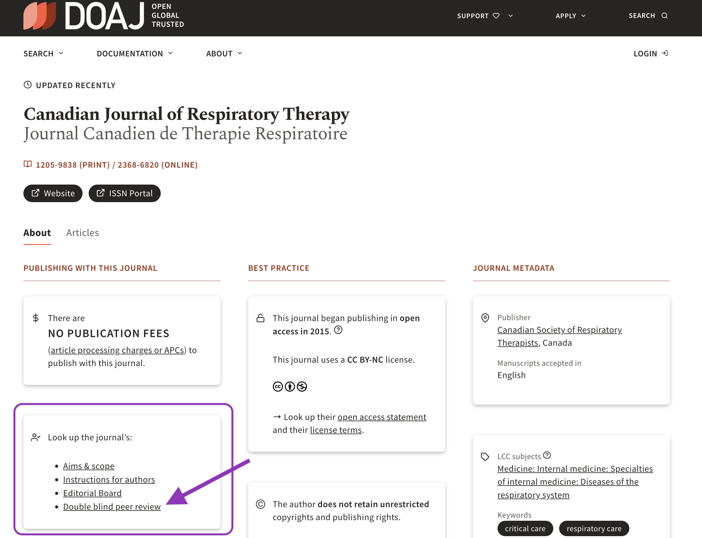 Image showing how to find information about peer review on the Directory of Open Access Journals website.