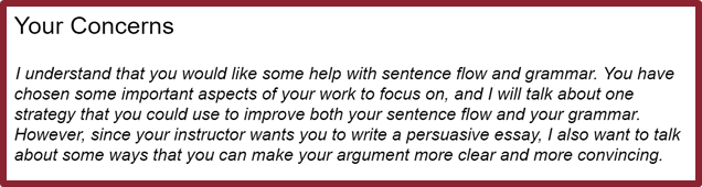 Screenshot of tutor feedback on a paper: "I understand that you would like some help with sentence flow and grammar. You have chosen some important aspects of your work to focus on, and I will talk about one strategy that you could use to improve both your sentence flow and your grammar. However, since your instructor wants you to write a persuasive essay, I also want to talk about some ways that you can make your argument more clear and more convincing."