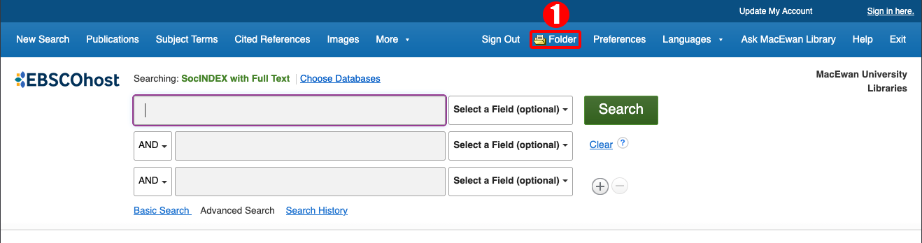 Location of the Folder in Ebsco in the upper right navigation menu